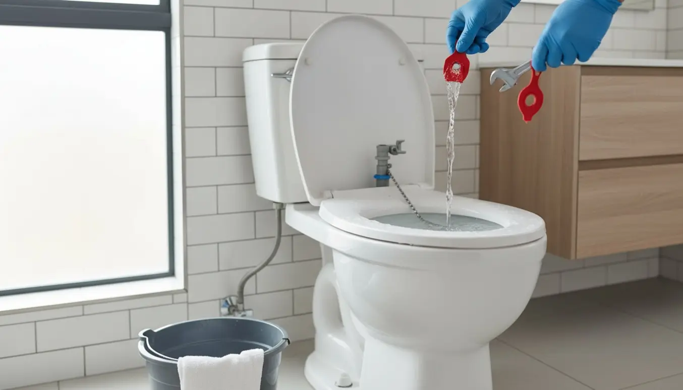 Åben toiletcisternes indre med løbende vand og handsker, der holder en ny gummiflap.