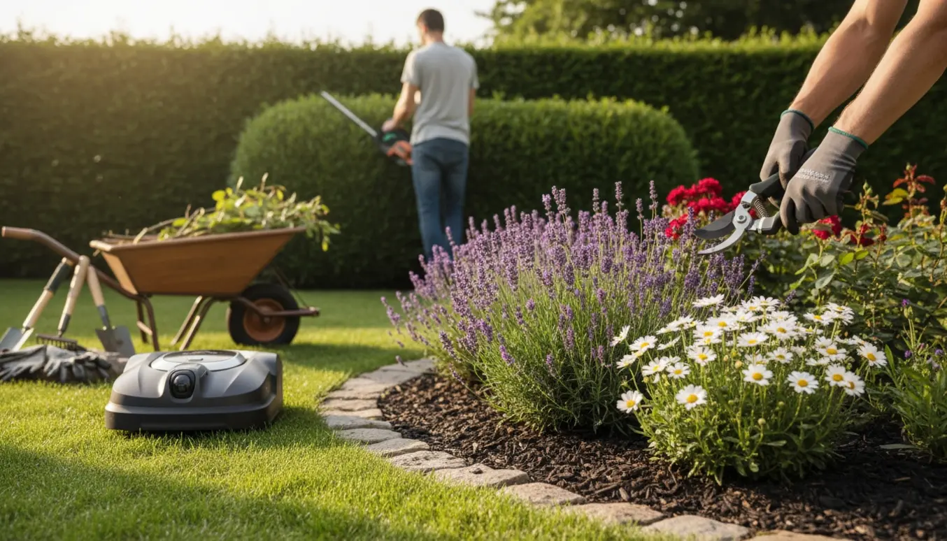 Sommerhaven ved en villa med beskårne hække, blomsterbede og haveredskaber, en gartner ses bagfra.