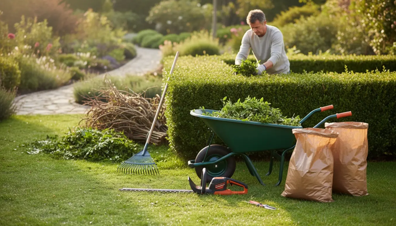 Trillebør fyldt med hæk- og græsaffald foran en nysnoet hæk og nyslået græs.