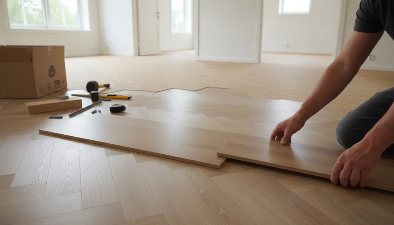 Hænder lægger sildebensparket af vinyl på nylagt spånplade i et lyst, ryddeligt rum med værktøj ved siden af.