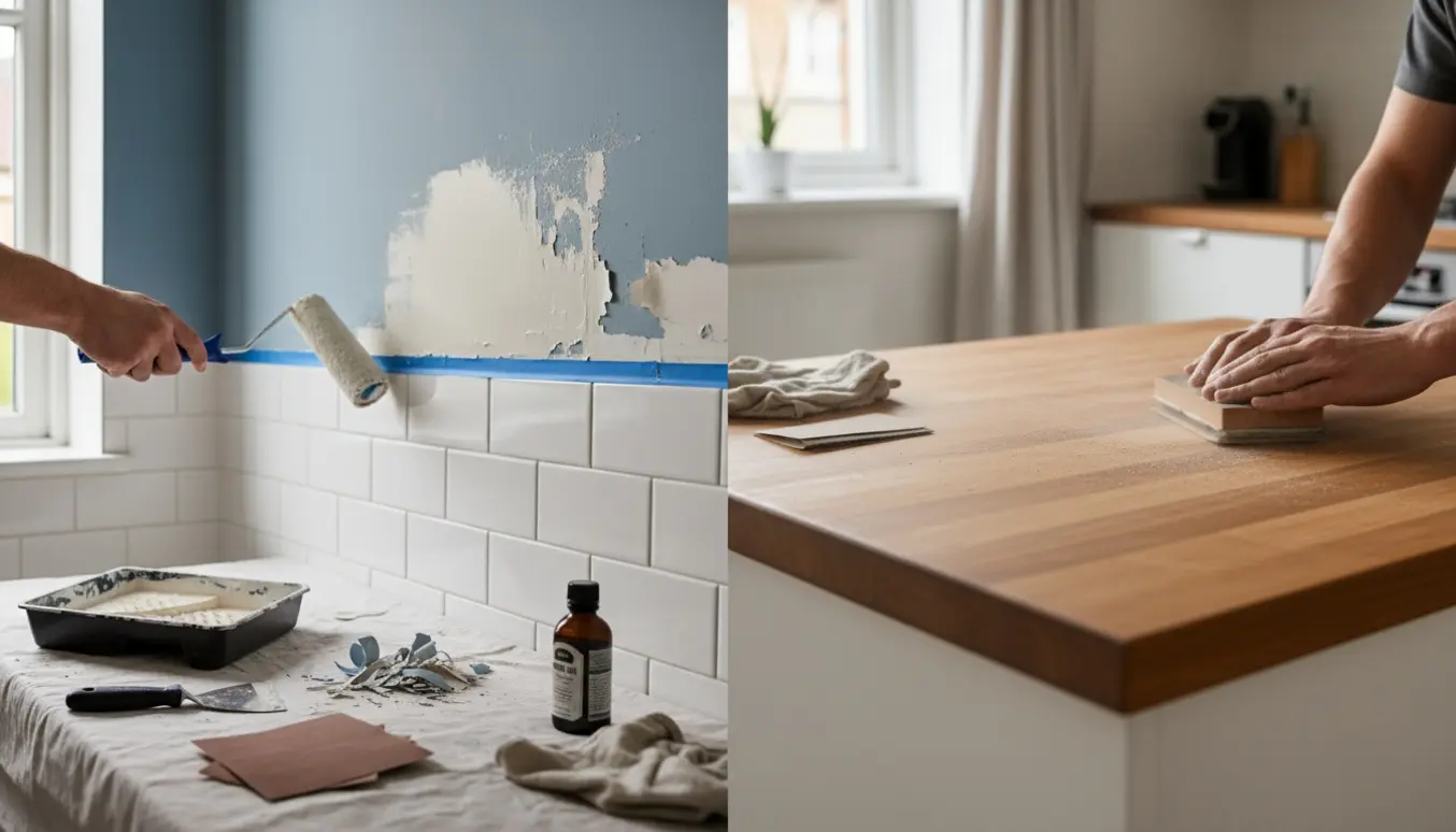 Nærbillede af afskallet maling over fliser i et badeværelse og slibning af et træ-køkkenbord.