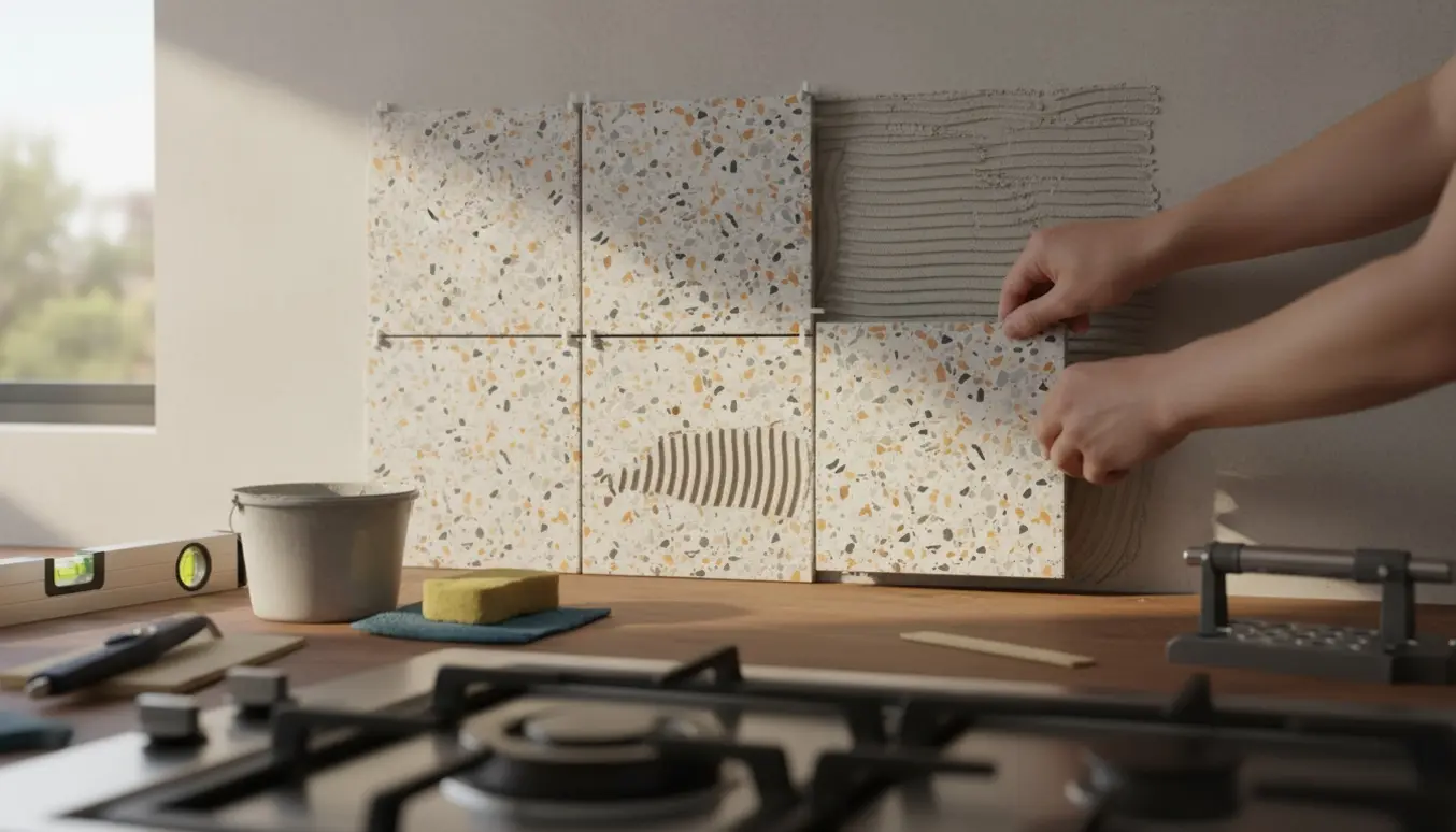 Hænder lægger 20x20 cm terrazzo-fliser op som bagvæg bag et komfur i et cirka 70x70 cm område.