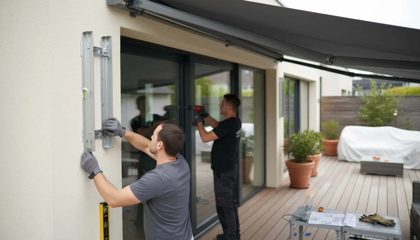 Installatører monterer en markise på en terrasse, med fokus på beslag og værktøj.
