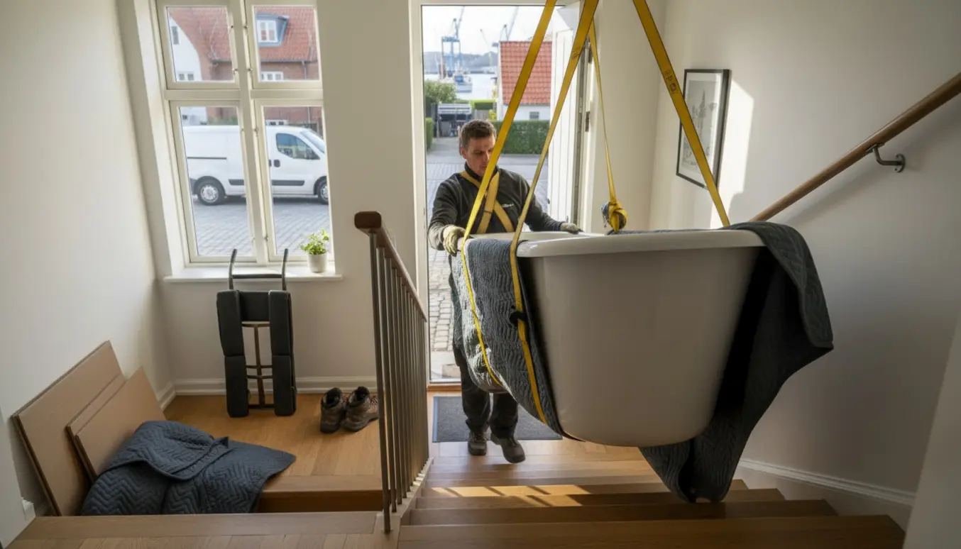 To flyttemænd bærer et indpakket badekar ned ad en trappe i en Charlottenlund-bolig med varevogn og havneudsigt udenfor.