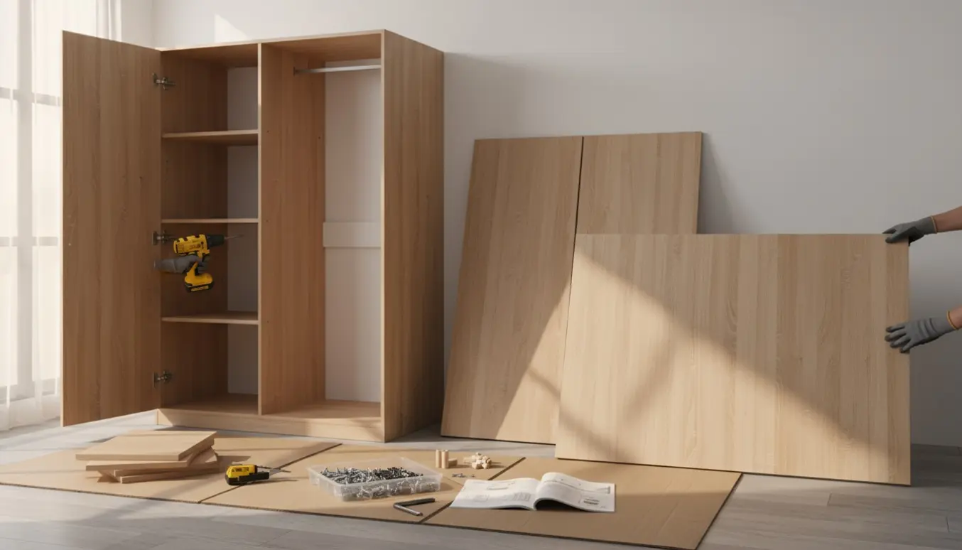 Delvist samlet tre-dørs garderobeskab i lyst soveværelse med værktøj og åbne plader.