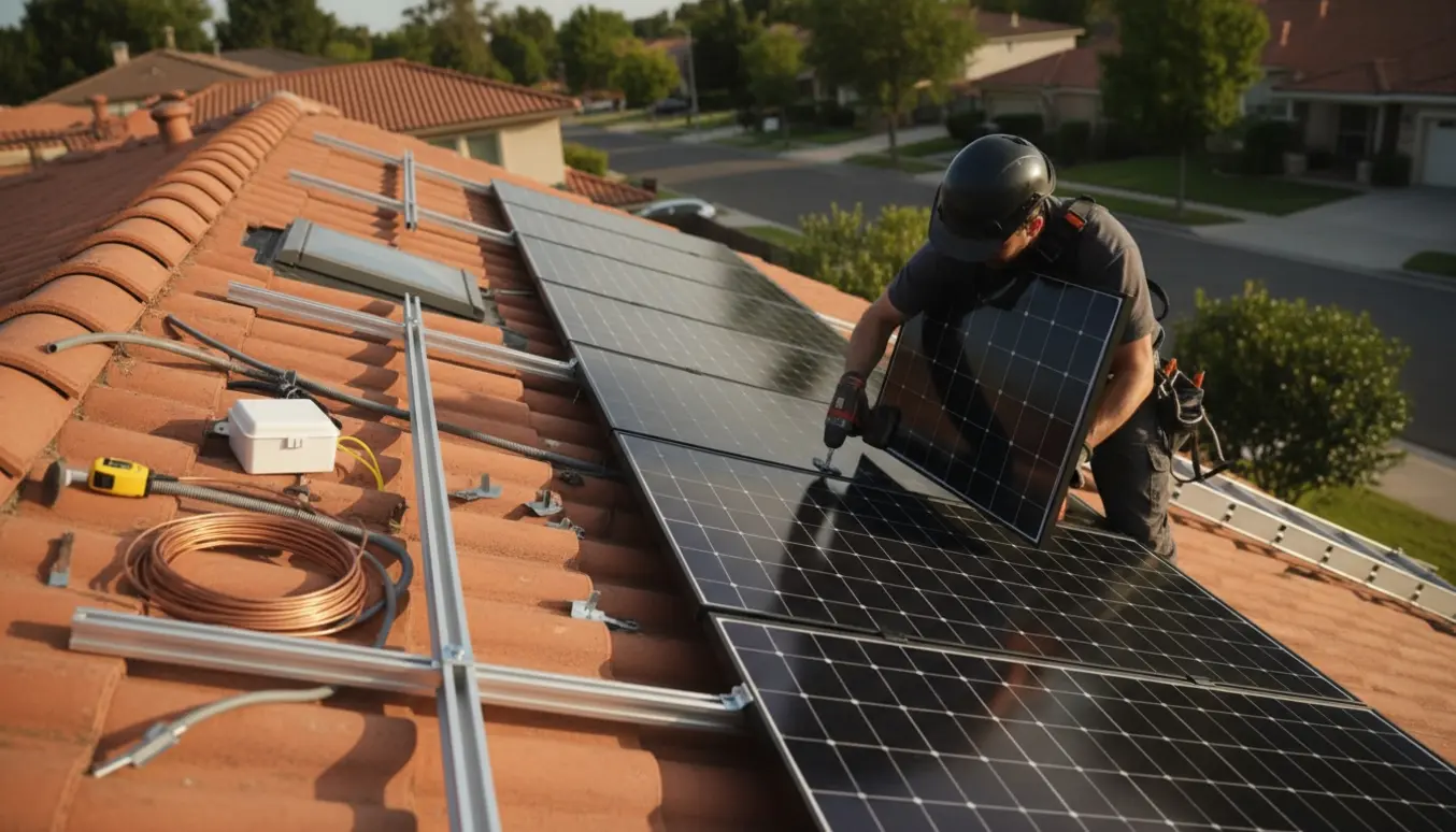 Montør i sikkerhedsudstyr monterer solcellepaneler på et første-sals tag.