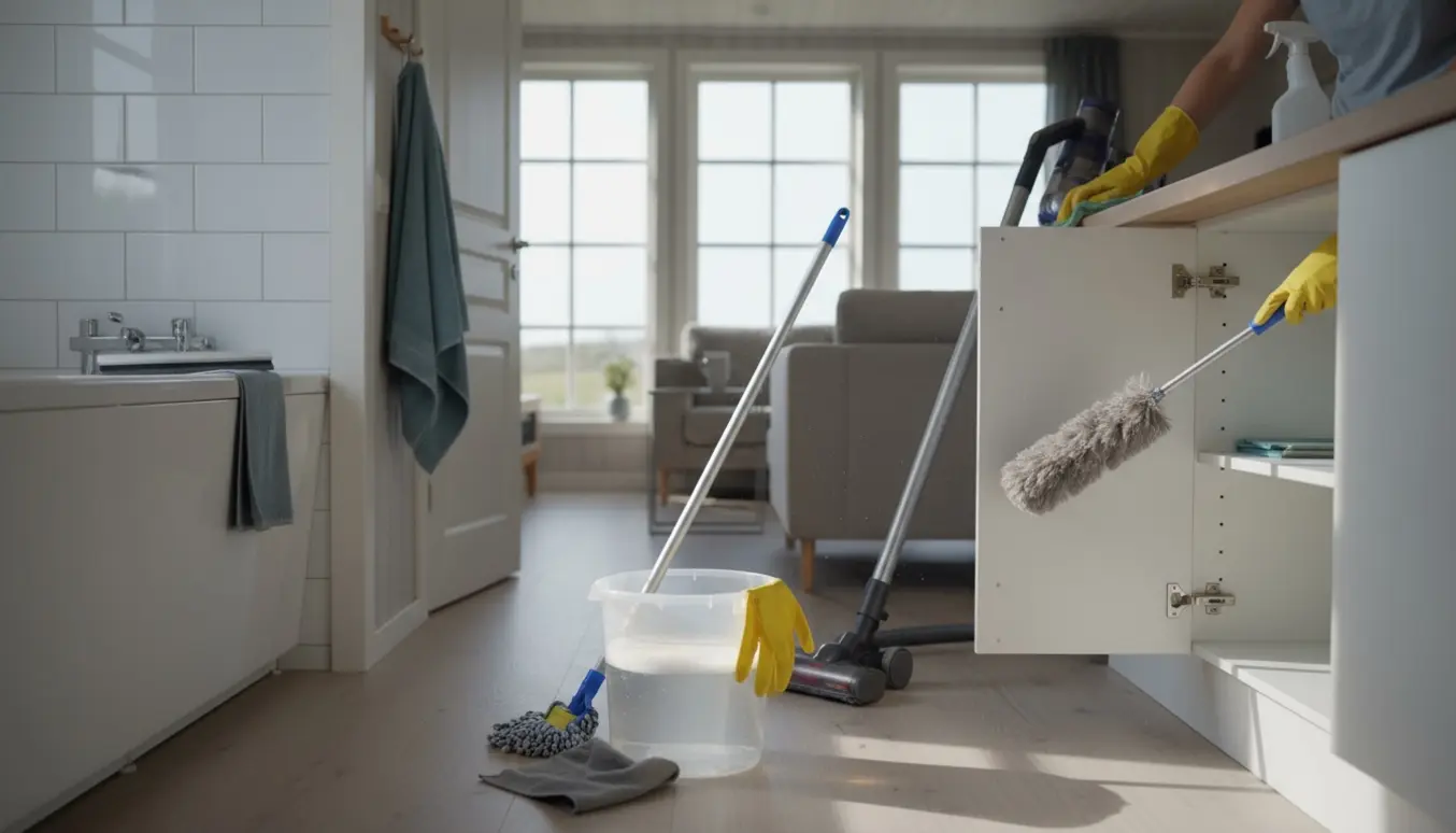 Hænder rengør et lyst sommerhusinteriør med moppe, støvsuger og rengøringsmidler.