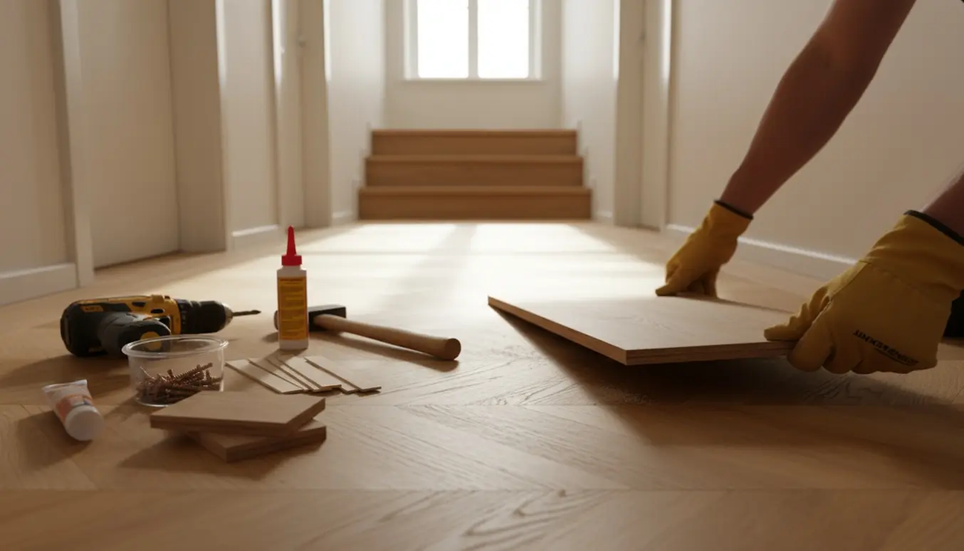 Nærbillede af hænder, der reparerer knirkende bøgeparket i en smal gang ved en to-trins trappe.