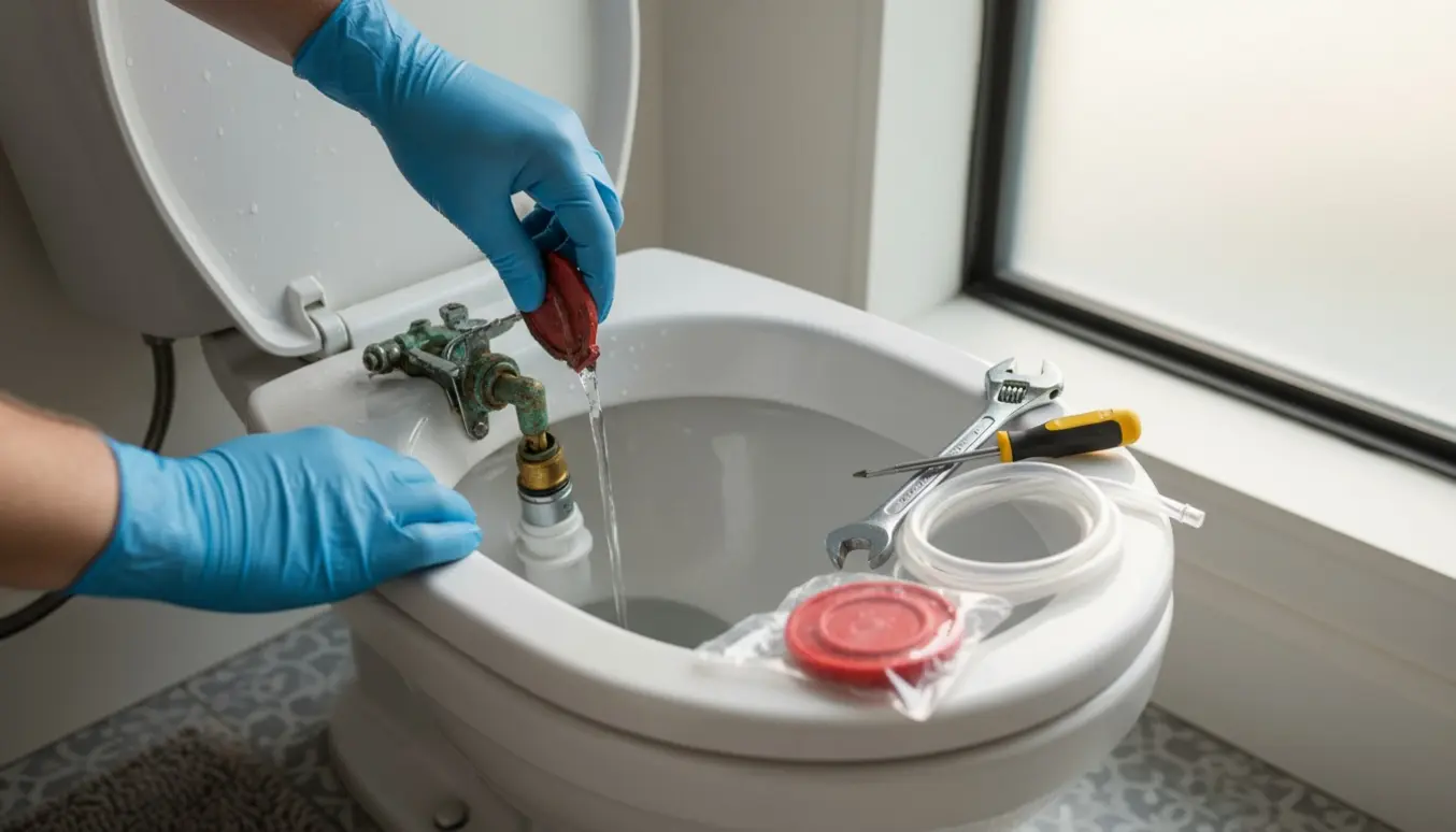 Åben toiletcistern med hænder, der reparerer flapper og fyldventil, samt værktøj ved siden af.