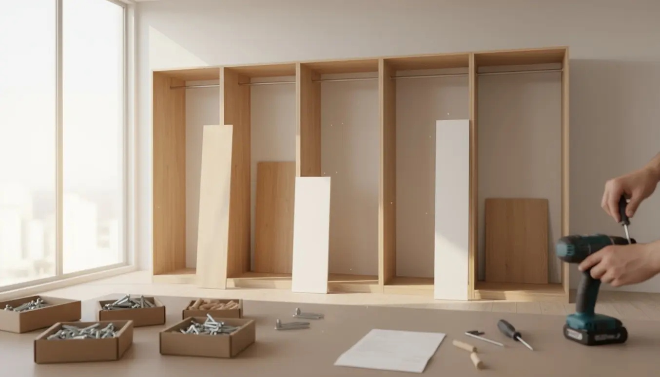 Fem garderobeskabe under montering på række med værktøj og en faktura lagt med bagsiden opad på et bord.