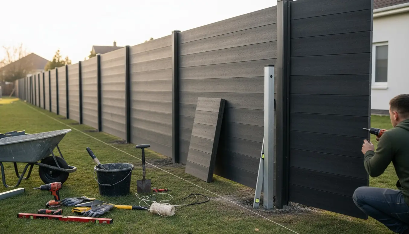 Montering af mørkt komposithegn i ret linje med et knæk, aluminiumspæle og værktøj i forgrunden.