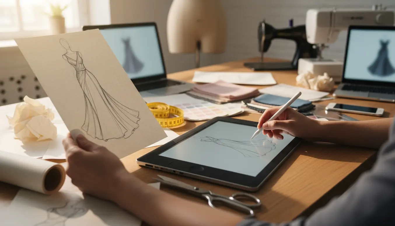 Nærbillede af hænder, der digitaliserer håndtegnede tøjskitser ved et lyst skrivebord med tegnetablet, stofprøver og bærbar computer.