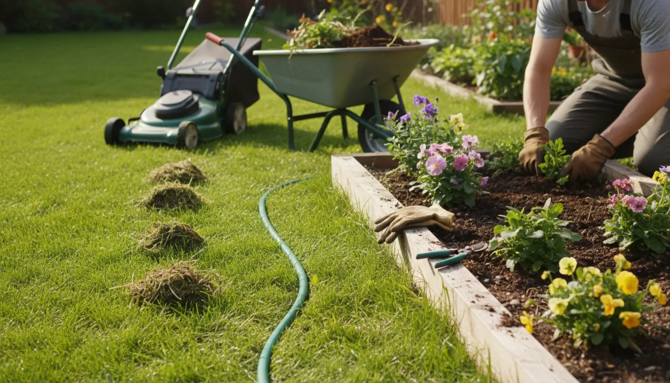 En baghave hvor en haveejer fra ryggen ordner bede og har slået græsset.