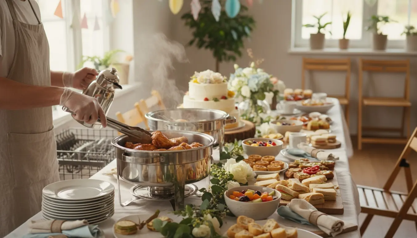 Hænder fylder og rydder en buffet til konfirmation med fade, kaffe og en åben opvaskemaskine i baggrunden.