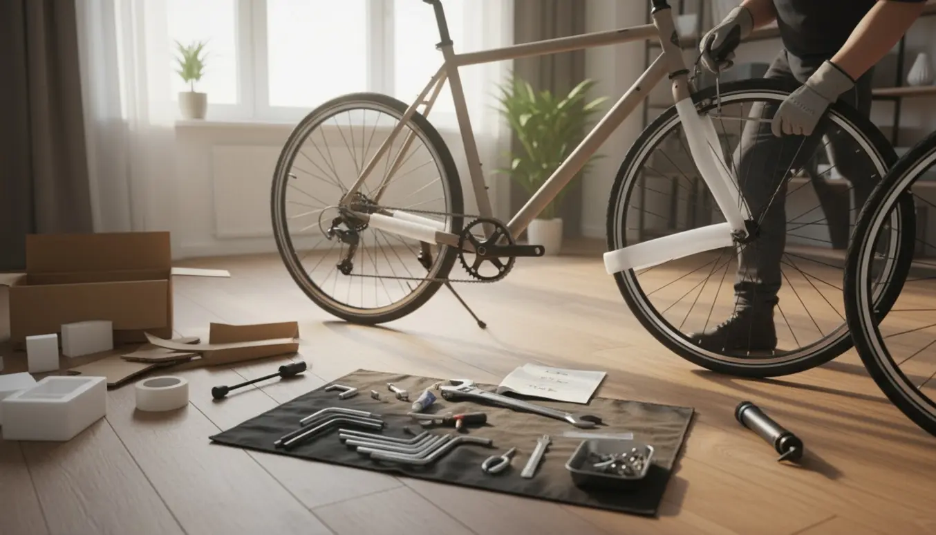 Ny citycykel delvist samlet på gulvet med værktøj og pakningsmateriale ved siden af.