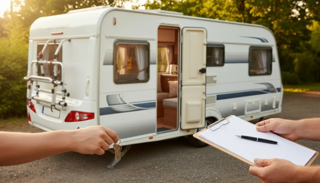 Nøgler overleveres foran en velholdt campingvogn på en solbeskinnet indkørsel, klar til salg.