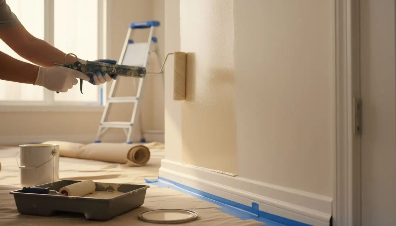 Nærbillede af en maler, der ruller andet lag maling på en væg og fuger langs kanten med værktøj og afdækning.
