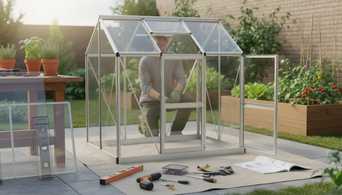 Delvist samlet drivhus på terrasse med glasdør og værktøj, hvor hænder justerer rammen.