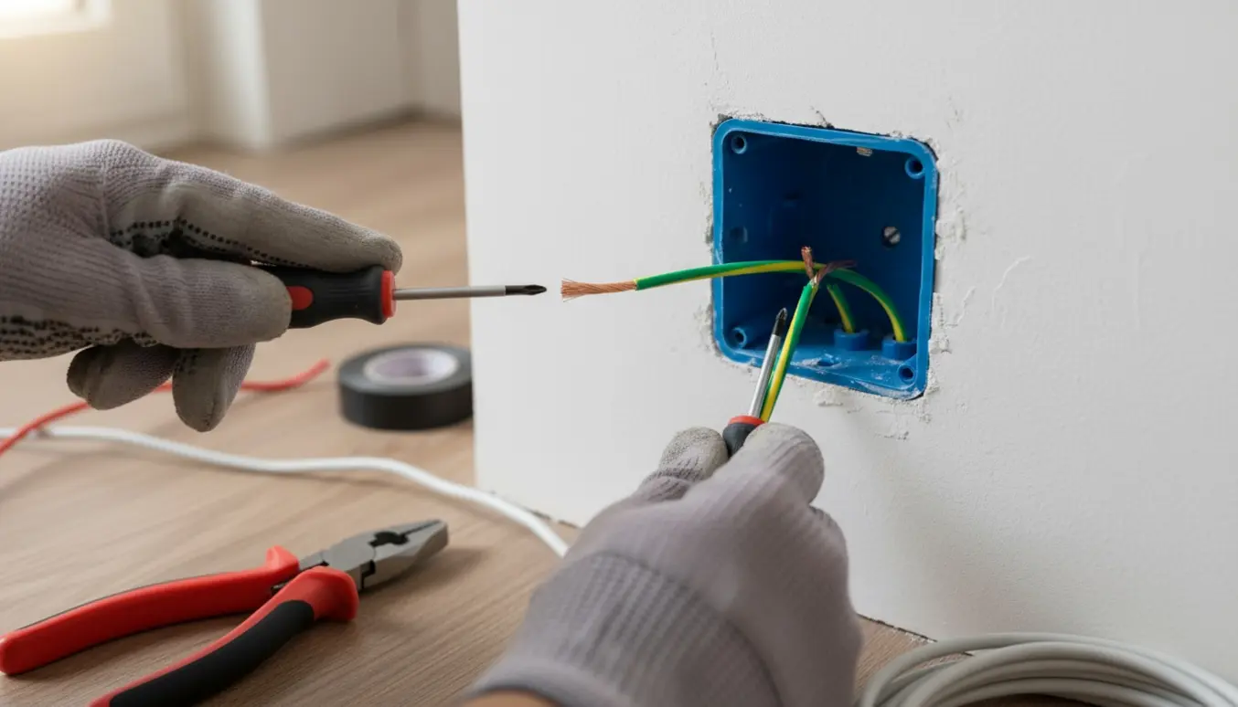 Nærbillede af hænder, der trækker en grøn-gul jordledning ind i en åben stikkontakt.
