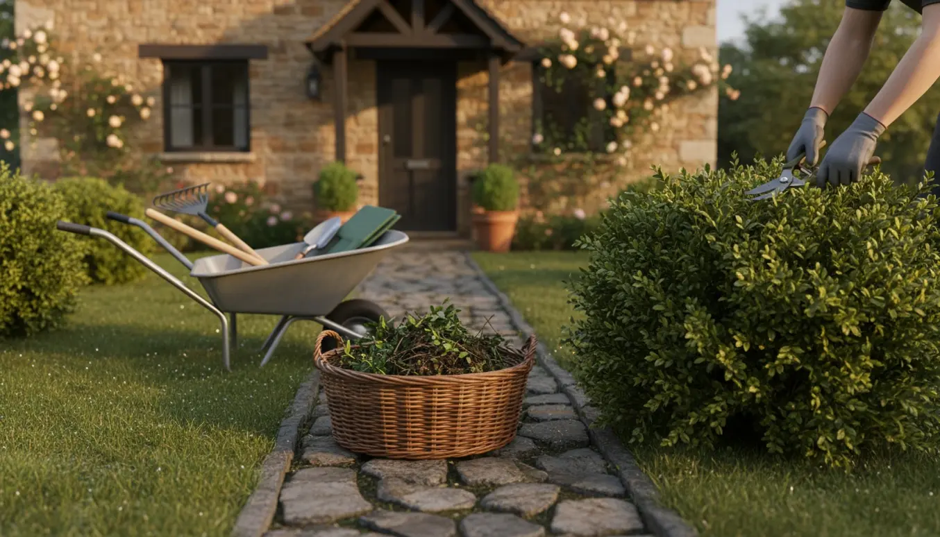 Hænder i havehandsker beskærer en busk i en lille forhave ved husets indgang.