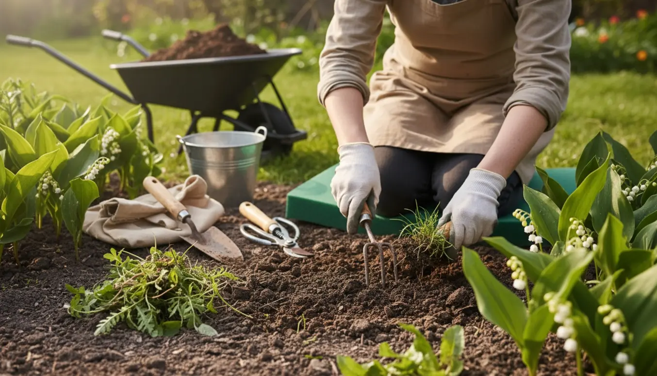Hænder luger et bed med liljekonvaller, redskaber og en bunke ukrudt i blødt morgonlys.