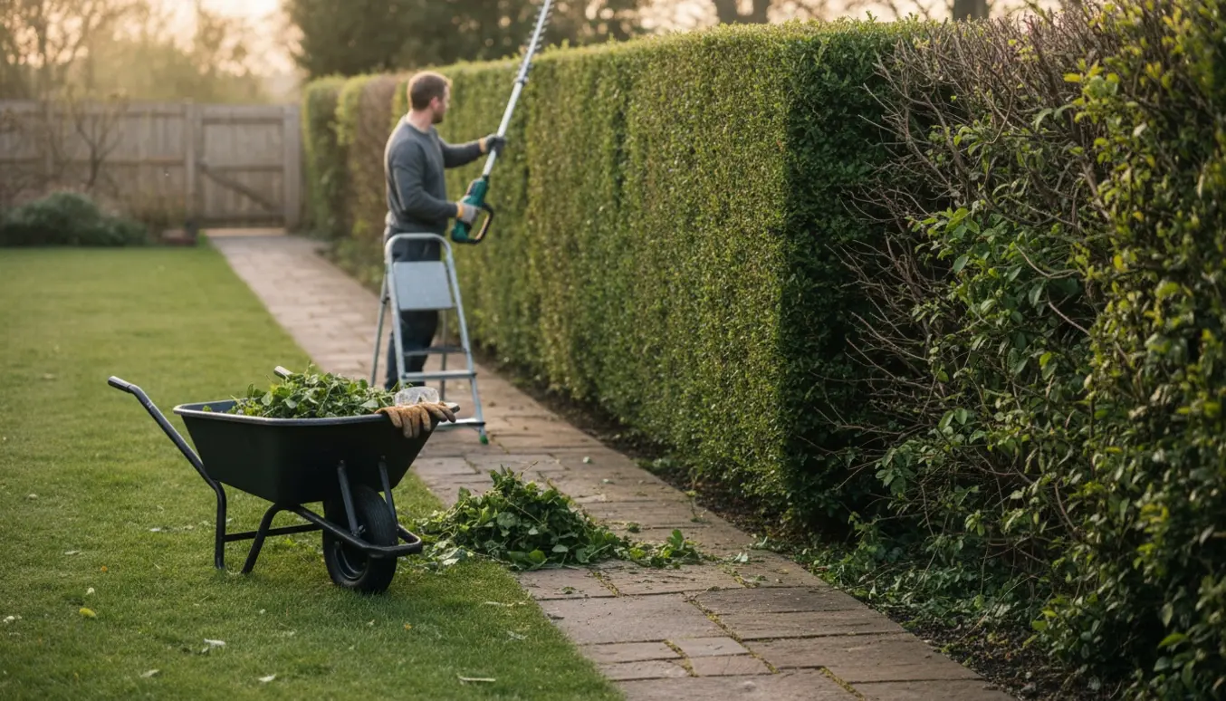 En person klipper en cirka to meter høj hæk langs en gangsti med en elektrisk hækkeklipper, og afklip ligger på græsset.