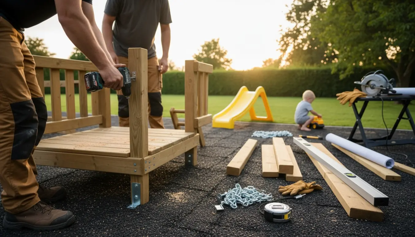 Voksne bygger en trælegeplads til børn med værktøj, træmaterialer og faldunderlag.