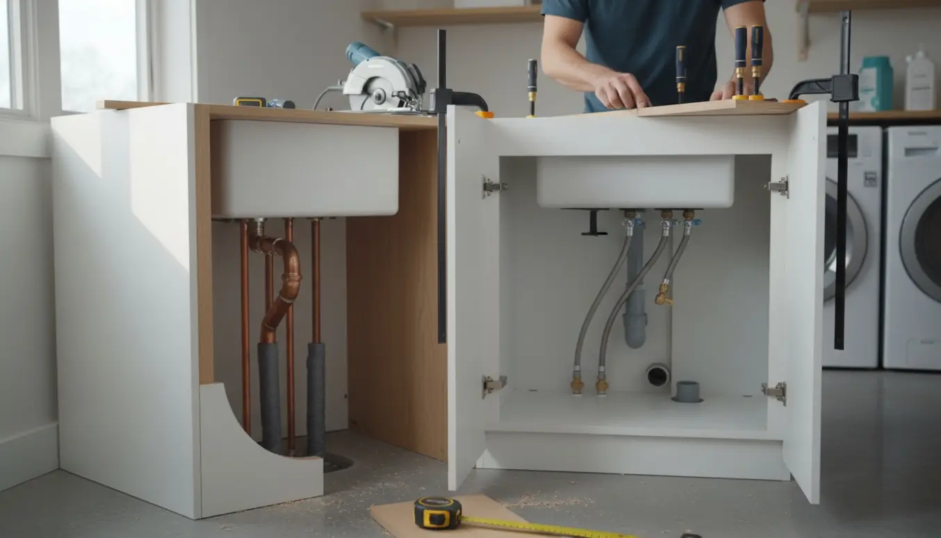 Hænder tilskærer to nye bryggersskabe ved varmerør og vandtilslutninger i et lyst bryggers.