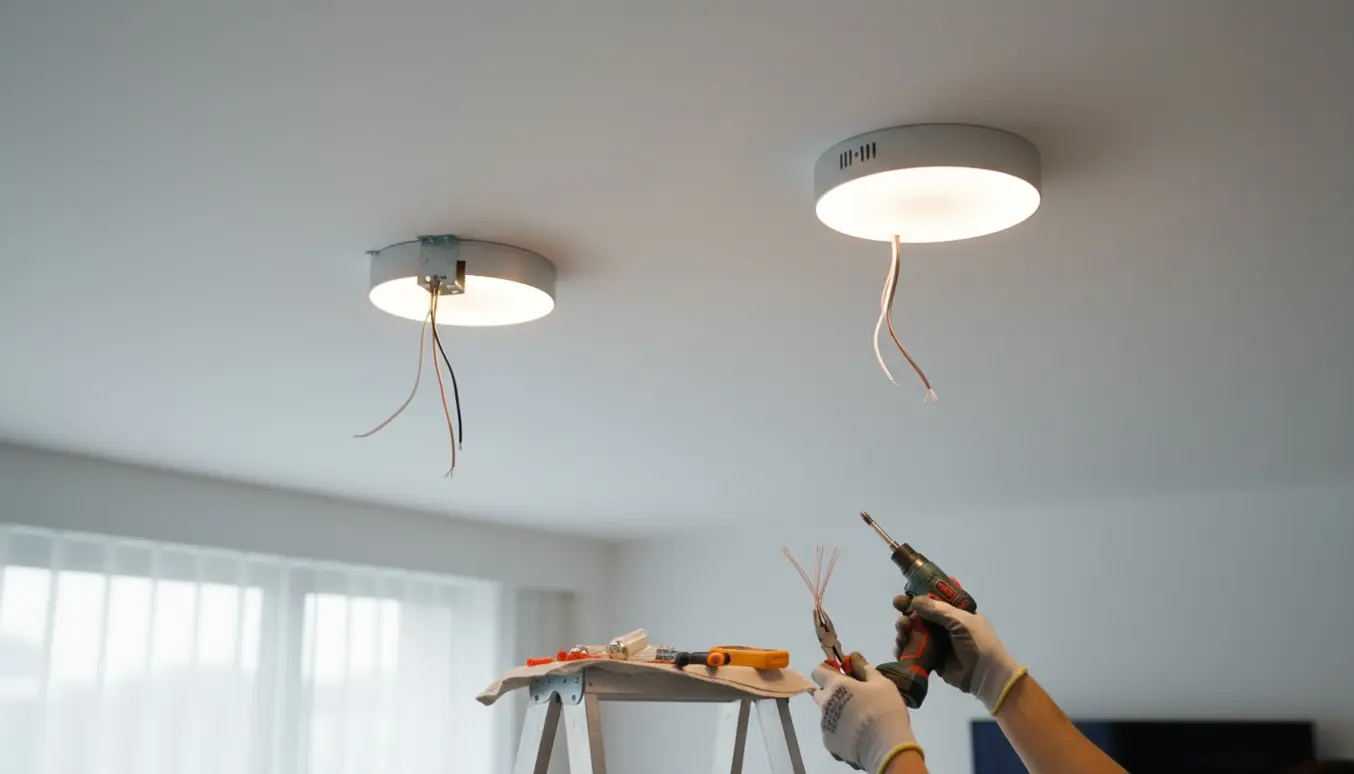 Nærbillede af hænder på en stige, der monterer to loftlamper i en lys, moderne stue.