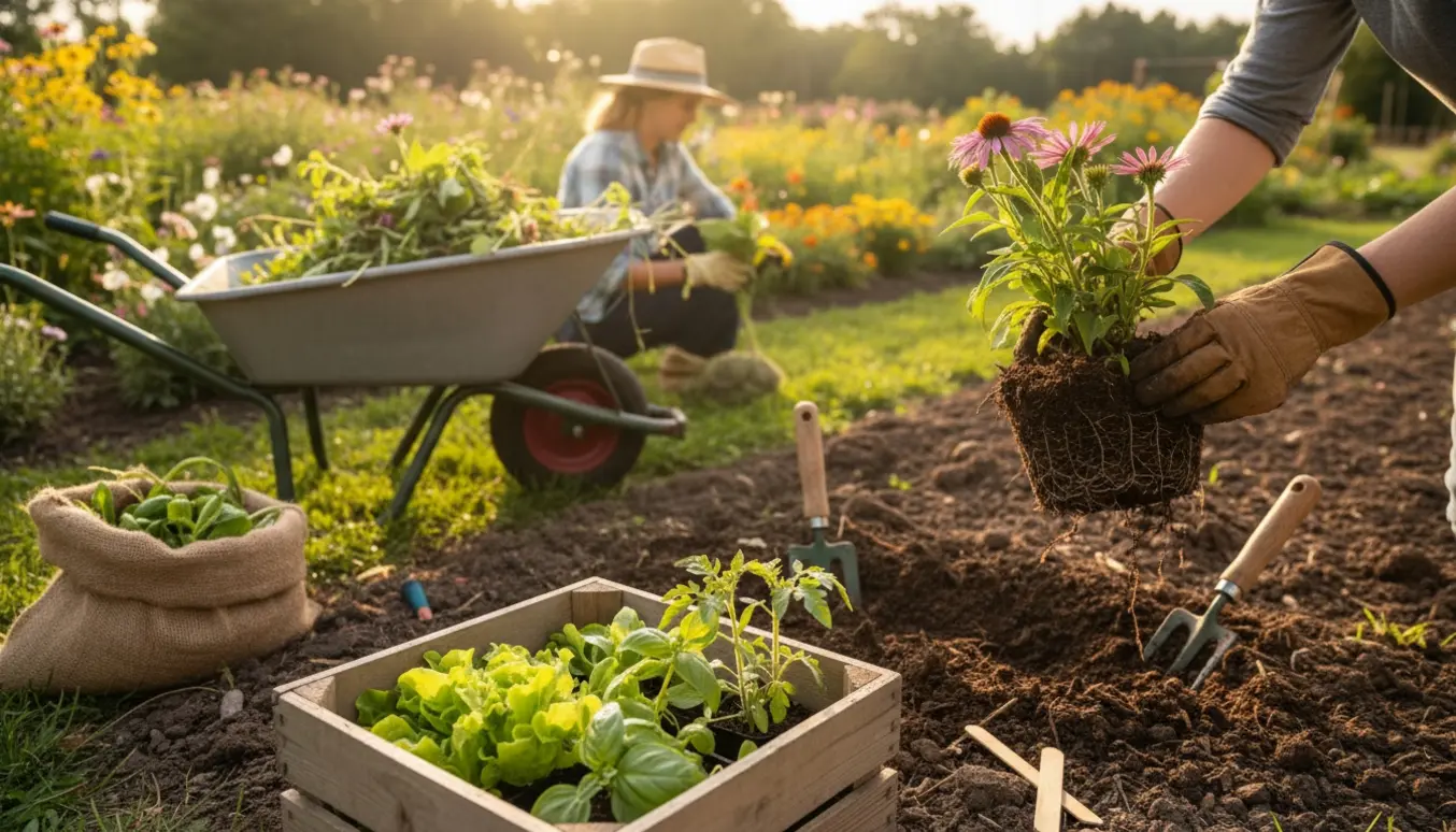 Handskerede hænder fjerner ukrudt fra to store bede, mens små spiselige planter ligger klar i en trækasse.