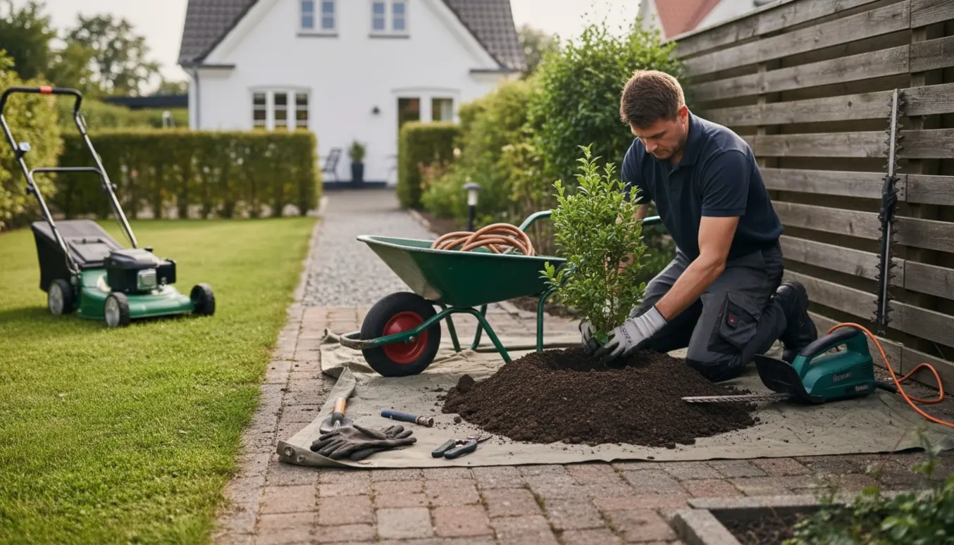En handyman planter en busk i en forstadshave i Rødovre med haveredskaber og trillebør ved siden af.