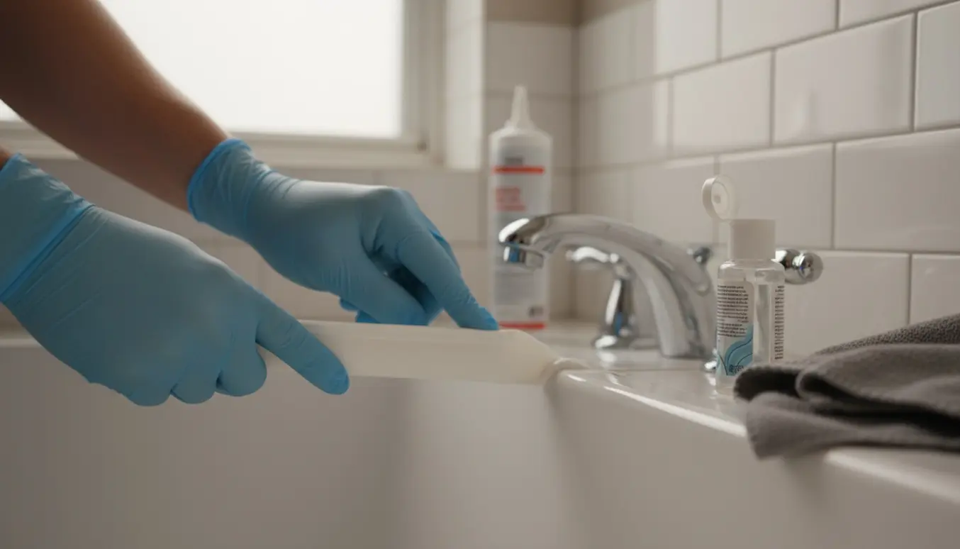 Hænder iført handsker udglatter en frisk sanitetsfuge mellem fliser og badekar med en fugepind og glittevæske.