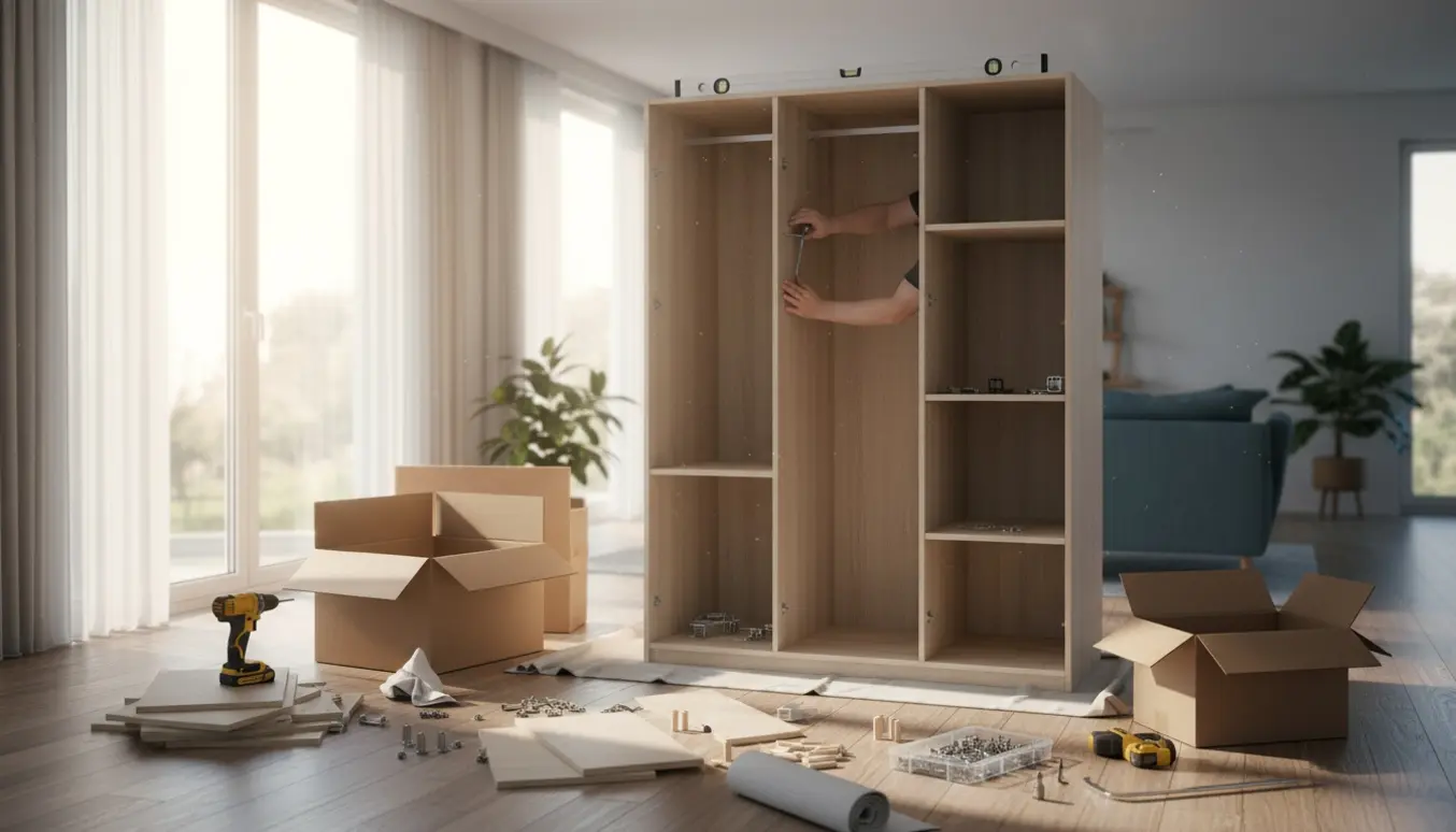 Halvt samlet højt garderobeskab med hylder og værktøj i et lyst rum, hvor hænder monterer en hylde.