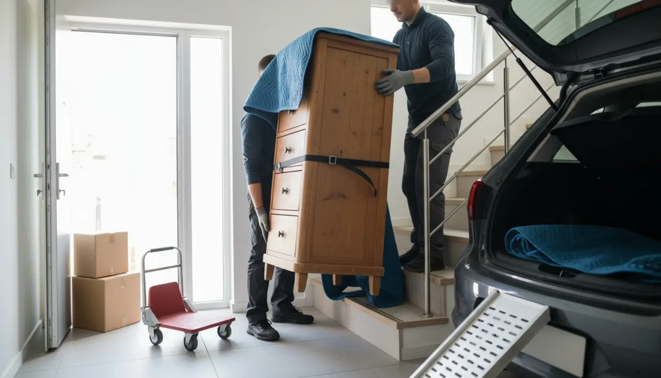 Et par løfter en høj, smal kommode ned ad en trappe og ind i bagagerummet på en bil.