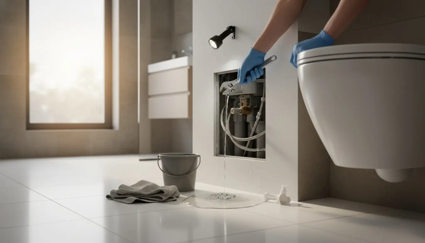 VVS-hænder arbejder på indbygget cisterne bag et væghængt toilet for at reparere en utæthed.
