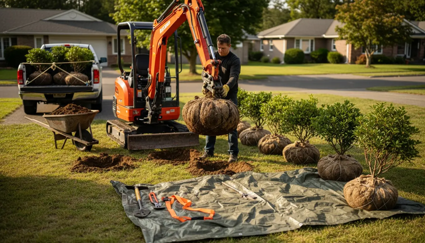 Mini-gravemaskine løfter en opgravet busk med rodsystem og haveværktøj klar til bortkørsel i en forhave.
