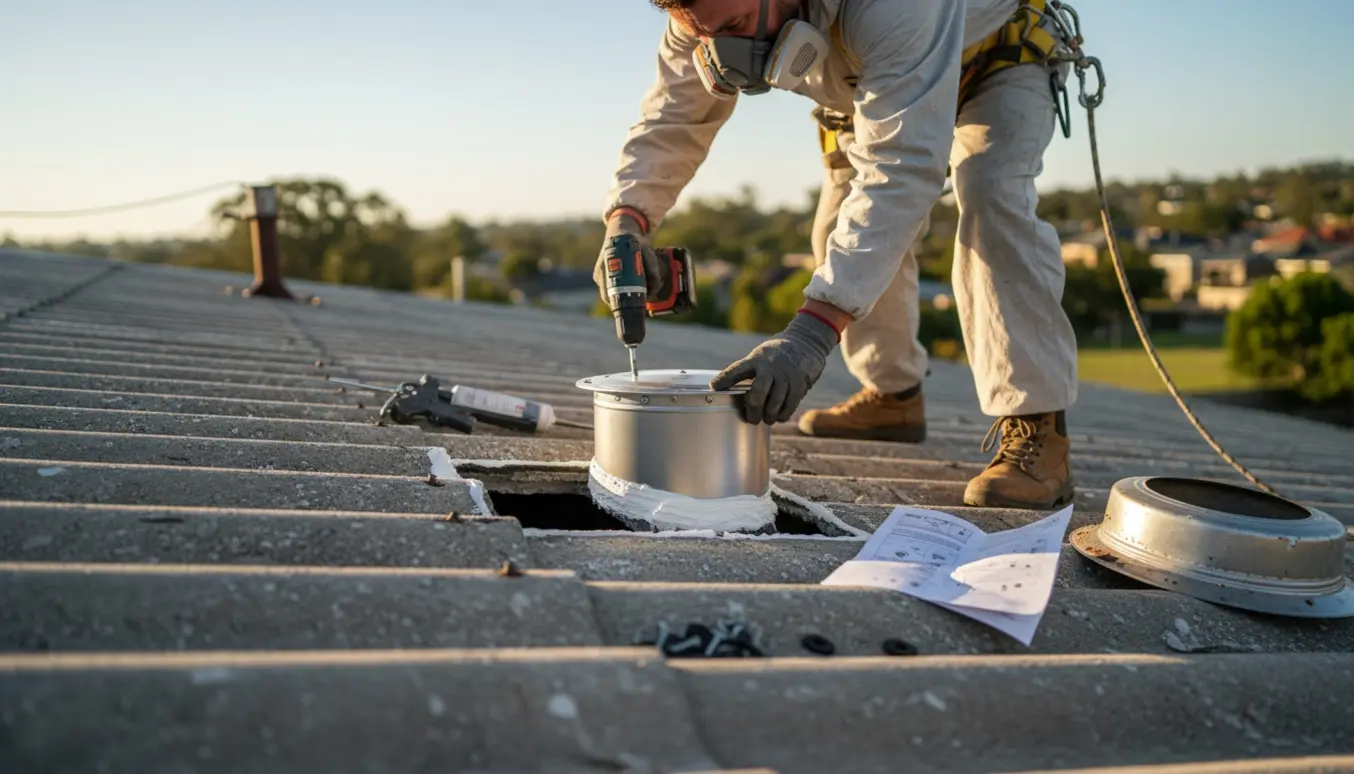 Ny taghætte monteres på et ældre asbest-tag med værktøj og sikkerhedsudstyr i naturligt dagslys.