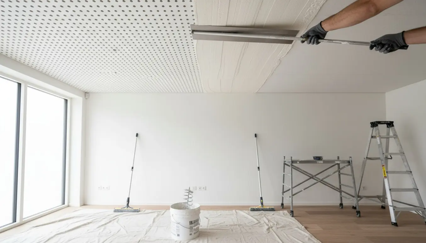 Hænder jævner spartelmasse på et akustikloft, klar til maling.