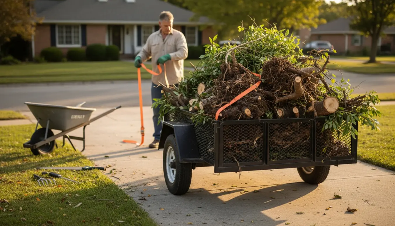 Åben trailer fyldt med grene, rødder og beskårne buske klar til bortskaffelse på en indkørsel.