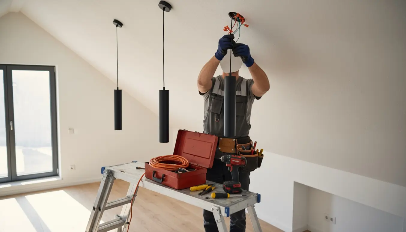 To pendellamper bliver monteret under et højt skråt loft med en installatørs hænder på en stige og værktøj i baggrunden.