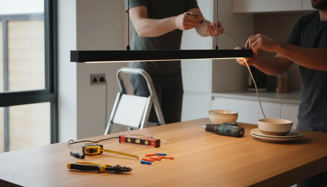 Hænder monterer en slank pendel over et køkkenbord, mens en anden tilslutter ledningen i en stikkontakt.