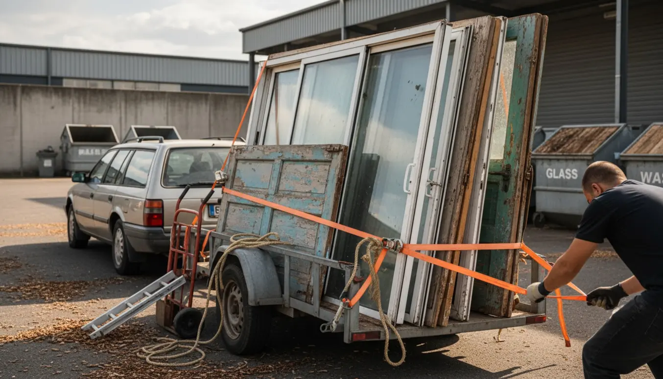 Åben trailer læsset med gamle døre og vinduesrammer ved en genbrugsstation, arbejderen spænder remme.