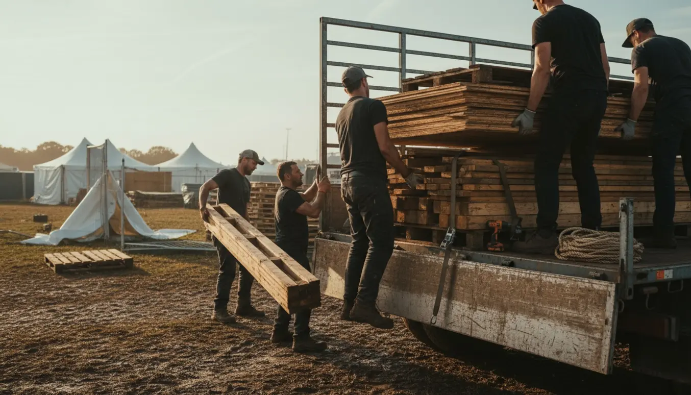 Arbejdere læsser træplader og lægter på en åben lastbil efter festivalen med hænder og værktøj i fokus.