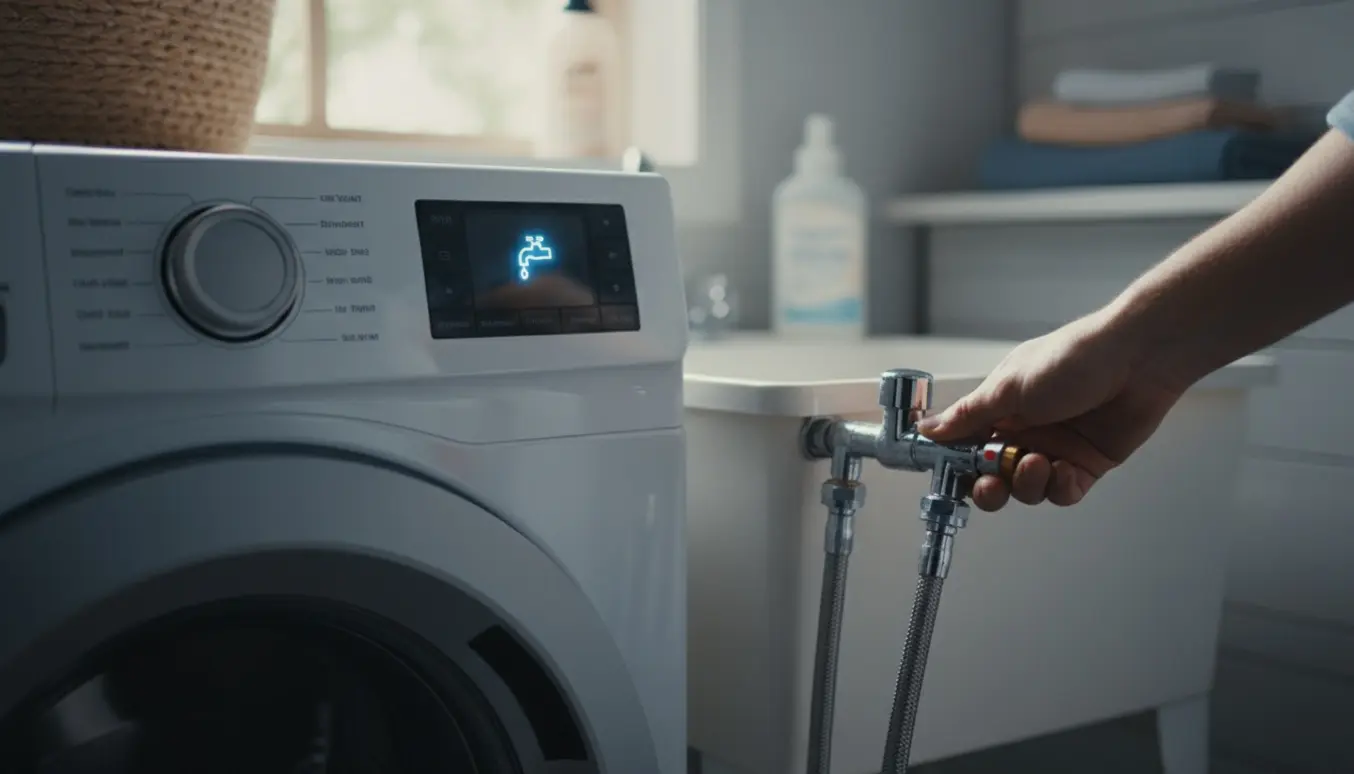 Nærbillede af vaskemaskinens kontrolpanel med oplyst vandhaneikon og en hånd ved vandventilen.