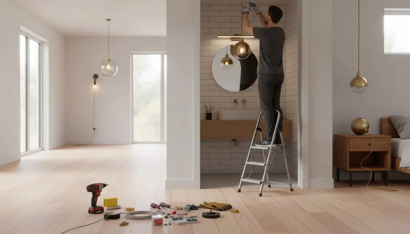 Håndværker på en stige hænger en lampe op i badeværelset med værktøj og flere lamper i baggrunden.