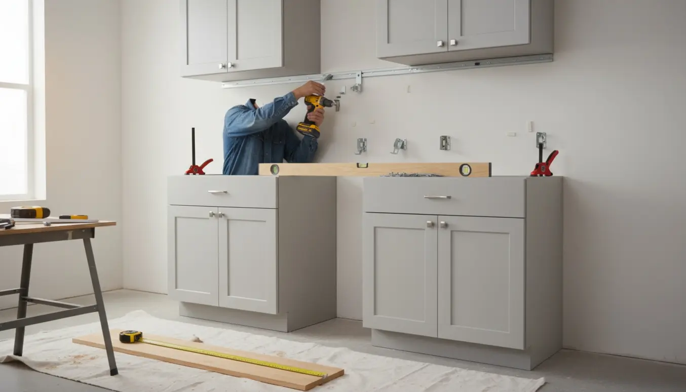 Samlede køkkenskabe klar til ophæng med hænder ved en skruemaskine og et vaterpas og sokkel på gulvet.