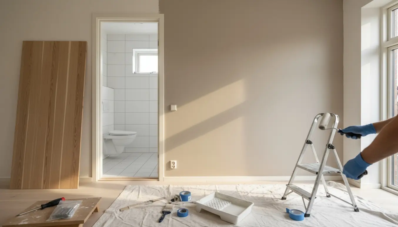 En håndværker maler en væg i en lys lejlighed med nye døre og et nyt toilet synligt i baggrunden.