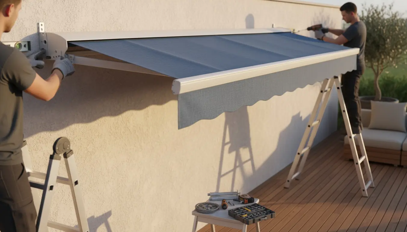 Delvist opsat markise over terrasse, montører på stiger sikrer beslag med boremaskine.