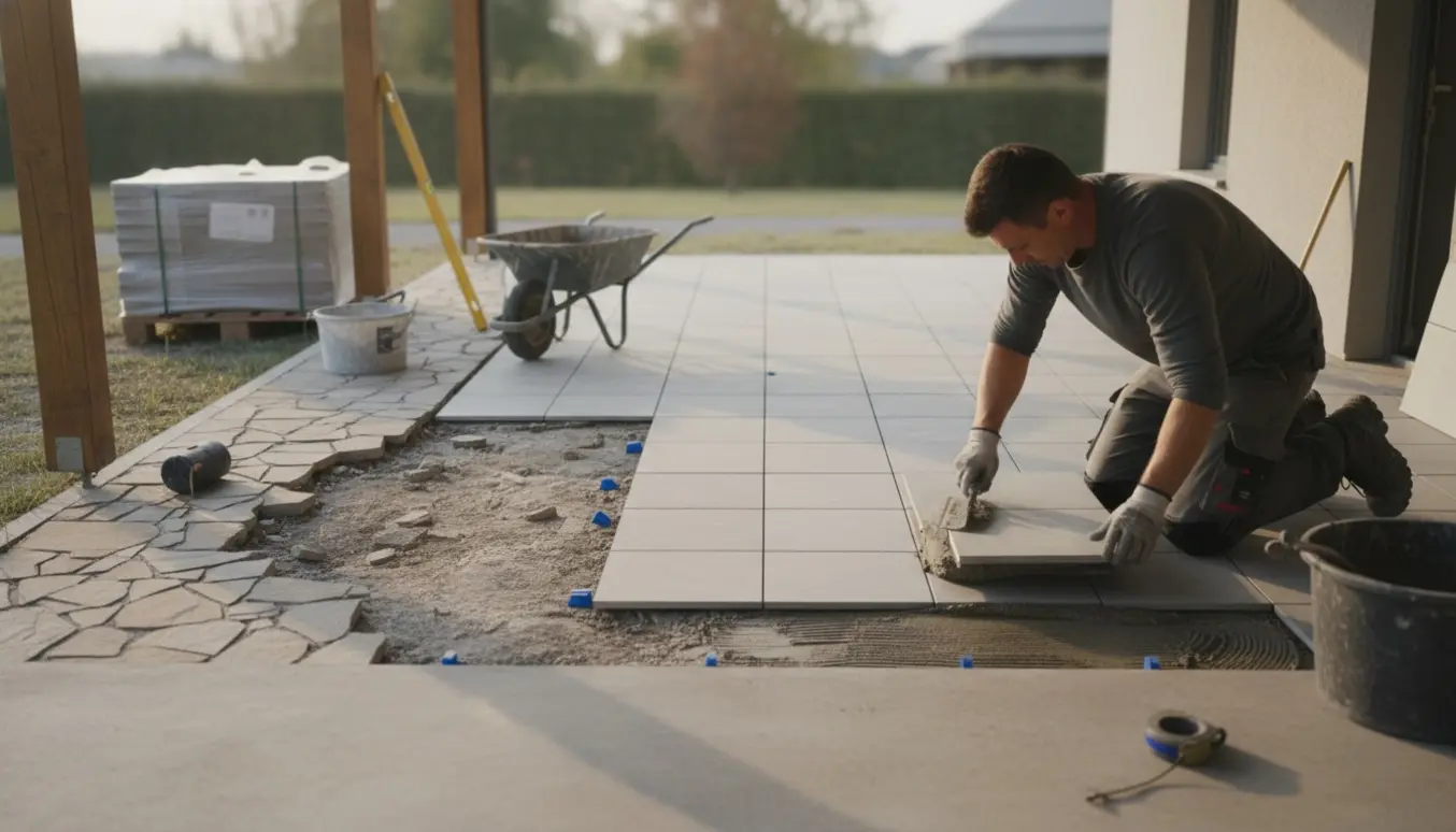 En håndværker lægger nye fliser i en carport med overgang fra fjernet natursten til jævne fliser.
