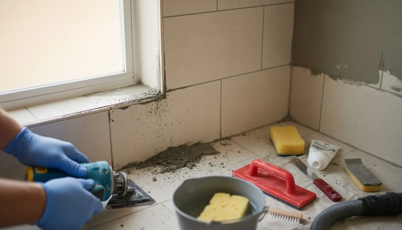 Hænder fjerner gammel, mugrammet fuge i en lille bruseniche med værktøj og nyt fugemateriale ved siden af.